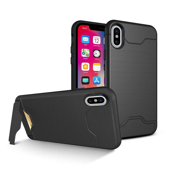 Vetullat Protection Case for iPhone X, Shockproof Case with Card Slot Holder and Built-In Kickstand - Black